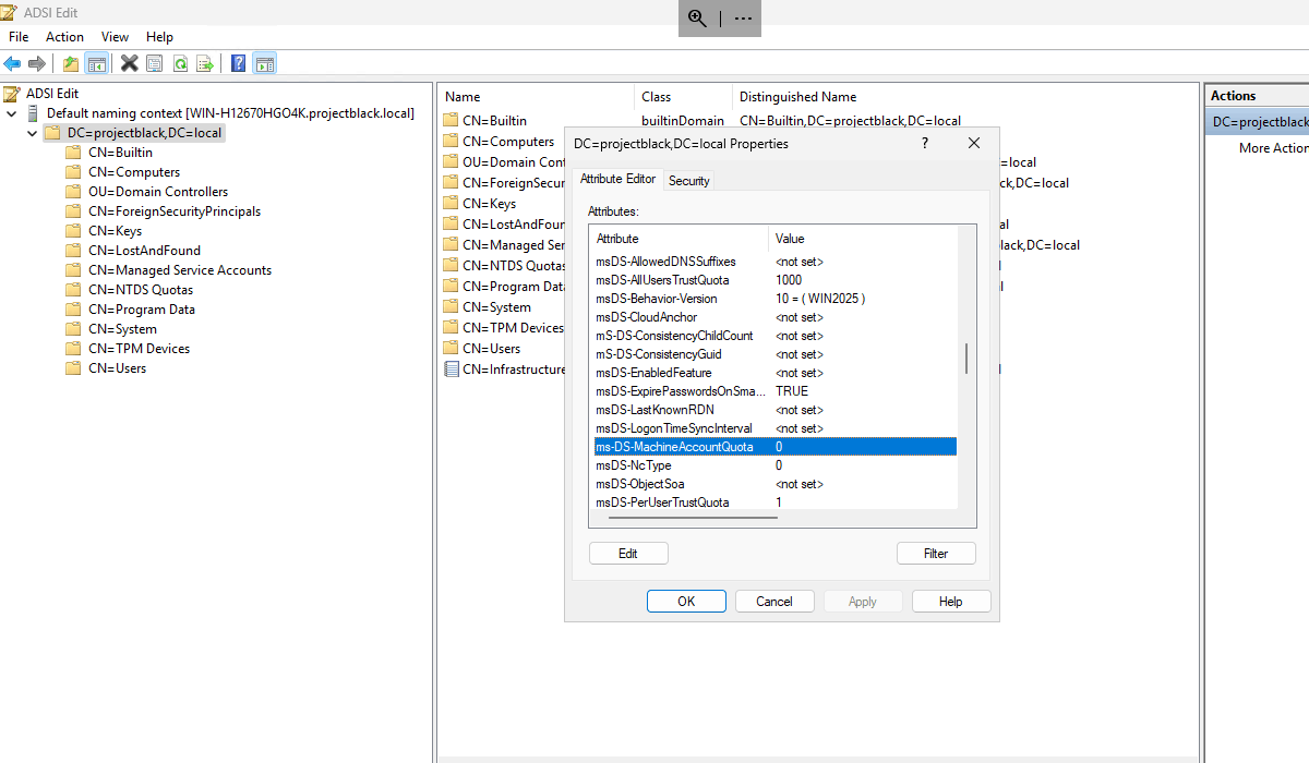 Set ms-DS-MachineAccountQuota to 0