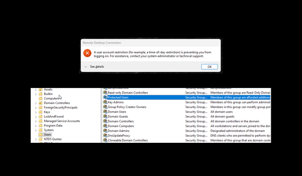 A user account restriction (for example, a time-of-day restriction) is preventing you from logging on. For assistance, contact your system administrator or technical support.